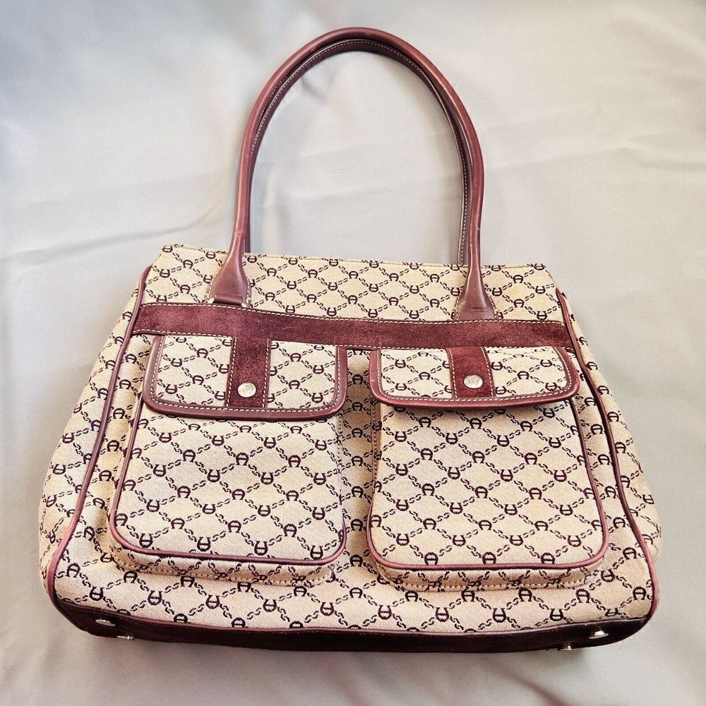 Vintage Etienne Aigner Logo Cotton Leather Travel Tote Bag Double Pocket Satchel